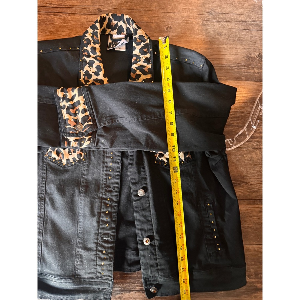 Janie New York Black Denim Jacket Leopard Print Studded Trucker Women Large - Picture 13 of 13